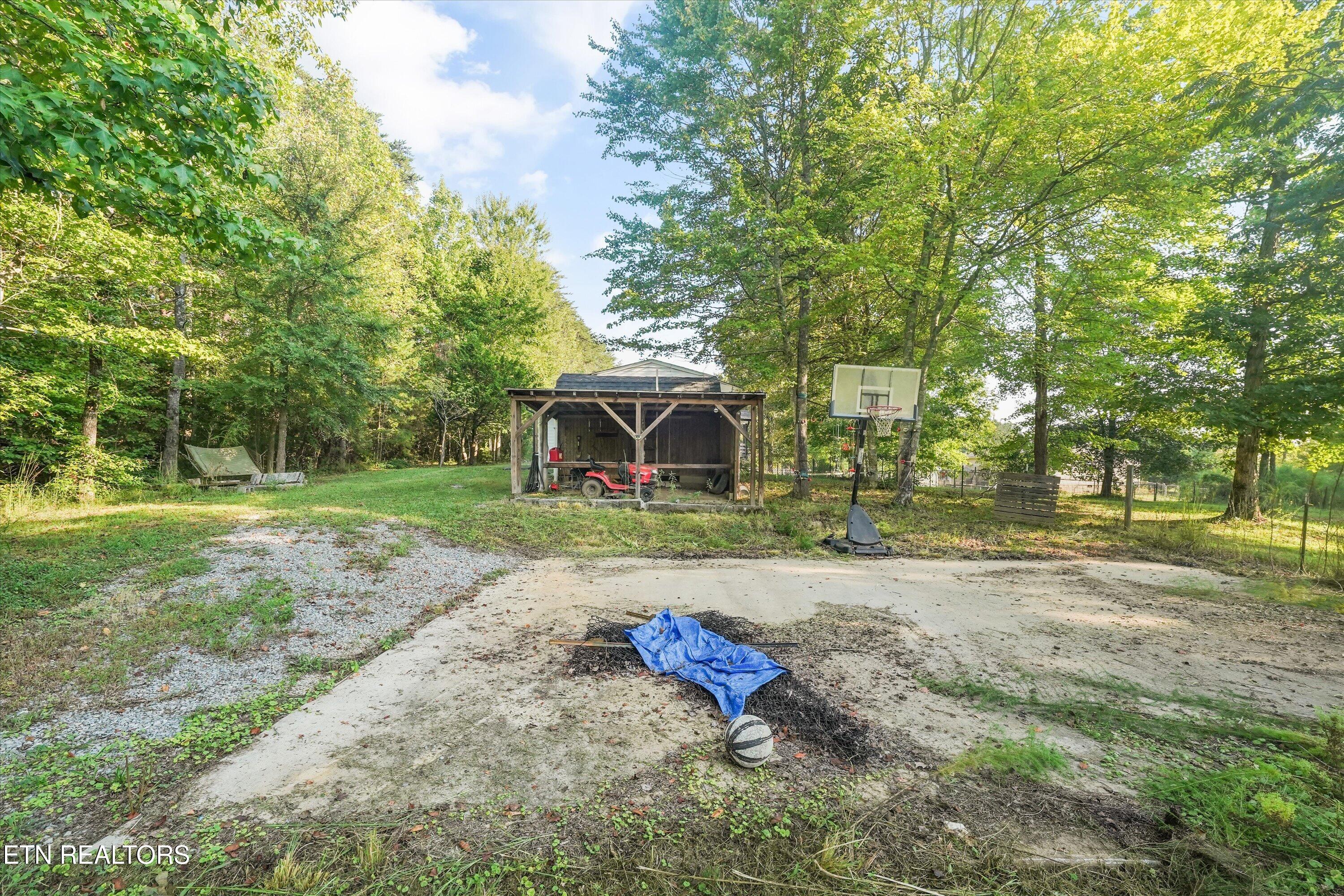 Wooded backyard with a basketball court, portable hoop, covered shelter, and hammock.