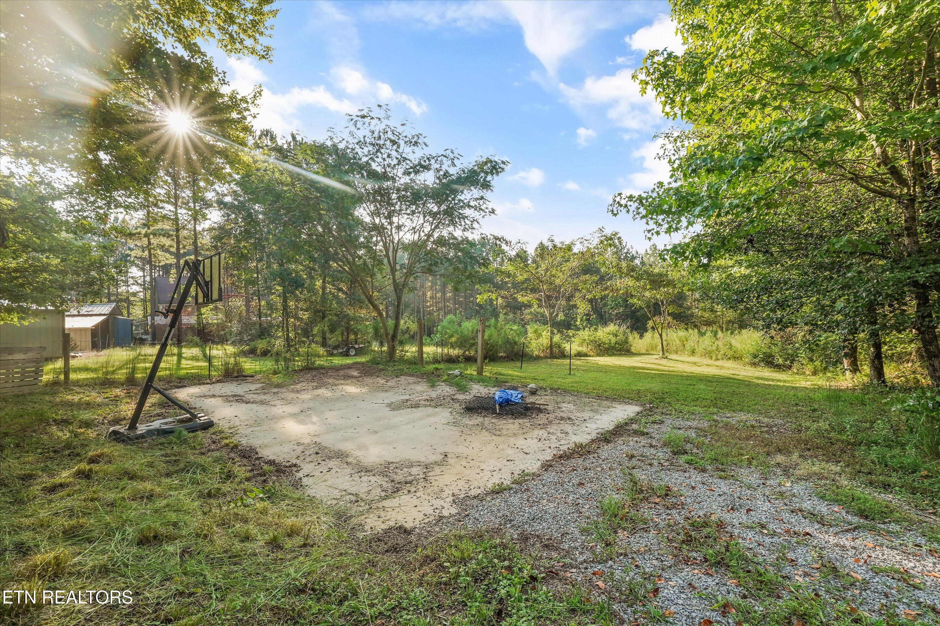 Wooded backyard with a concrete basketball court, basketball hoop, gravel driveway, and lawn.