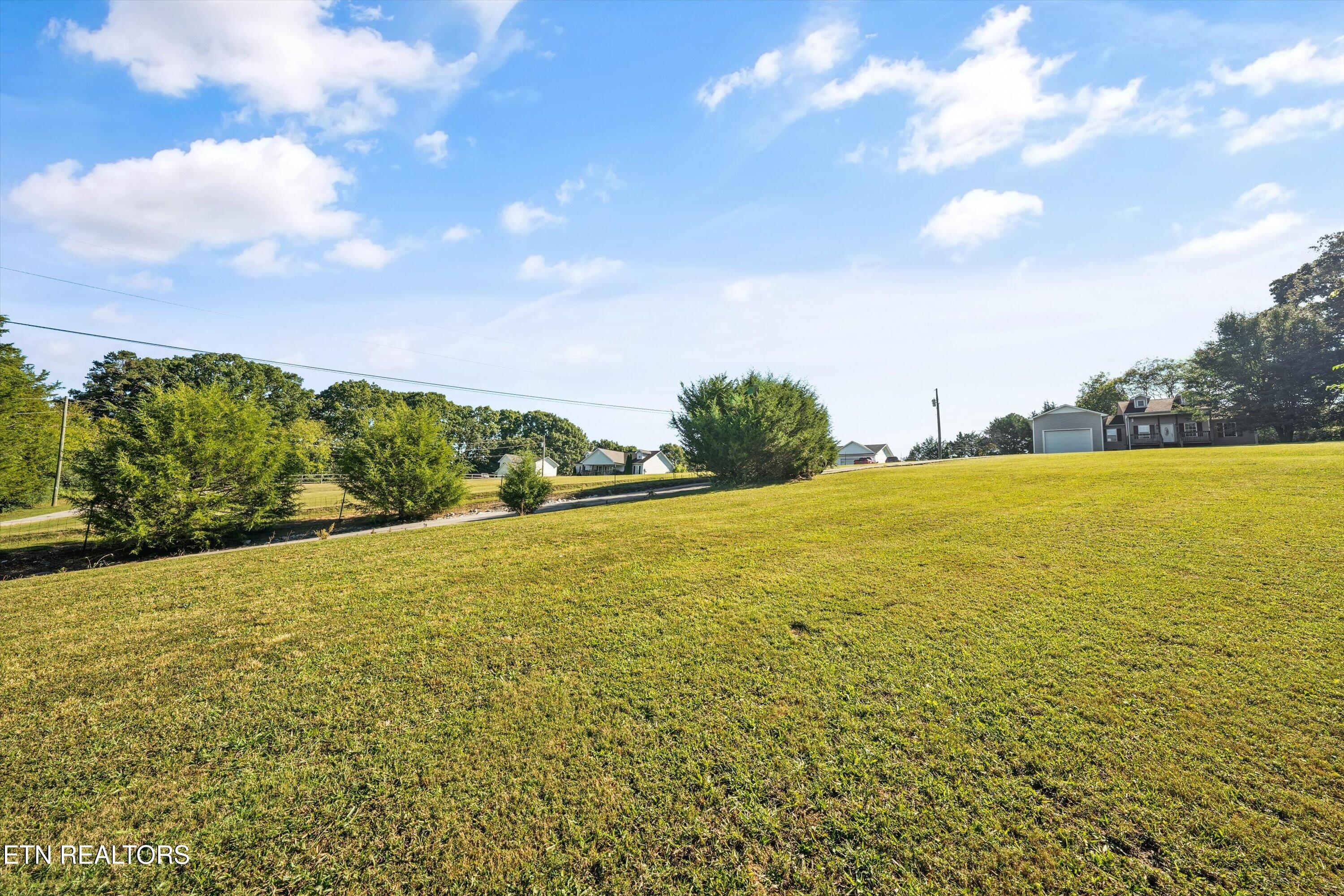 Broad grassy lot with scattered shrubs and homes in the distance.