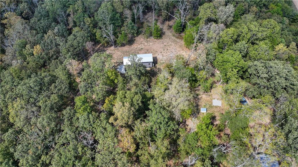 Aerial view of a small building in a clearing surrounded by dense woodland.