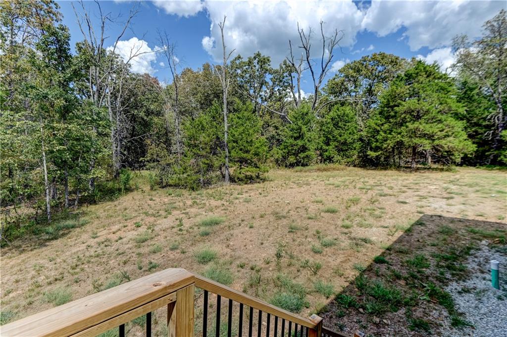 Grassy clearing bordered by dense trees, viewed from a wooden deck.