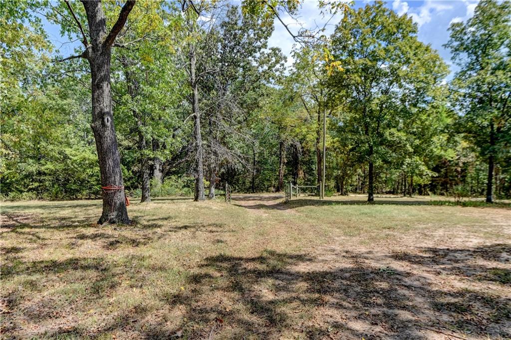 Wooded property clearing with mature trees, a wooden gate, and a dirt track.