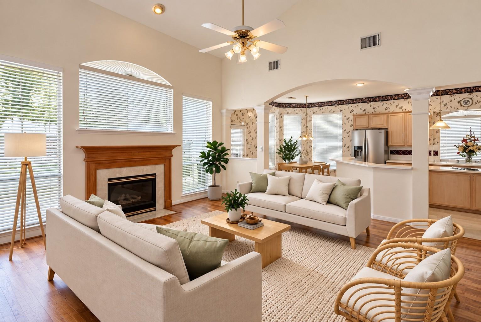Living room with a wood-trimmed fireplace, high ceiling, large windows, and open dining and kitchen areas.