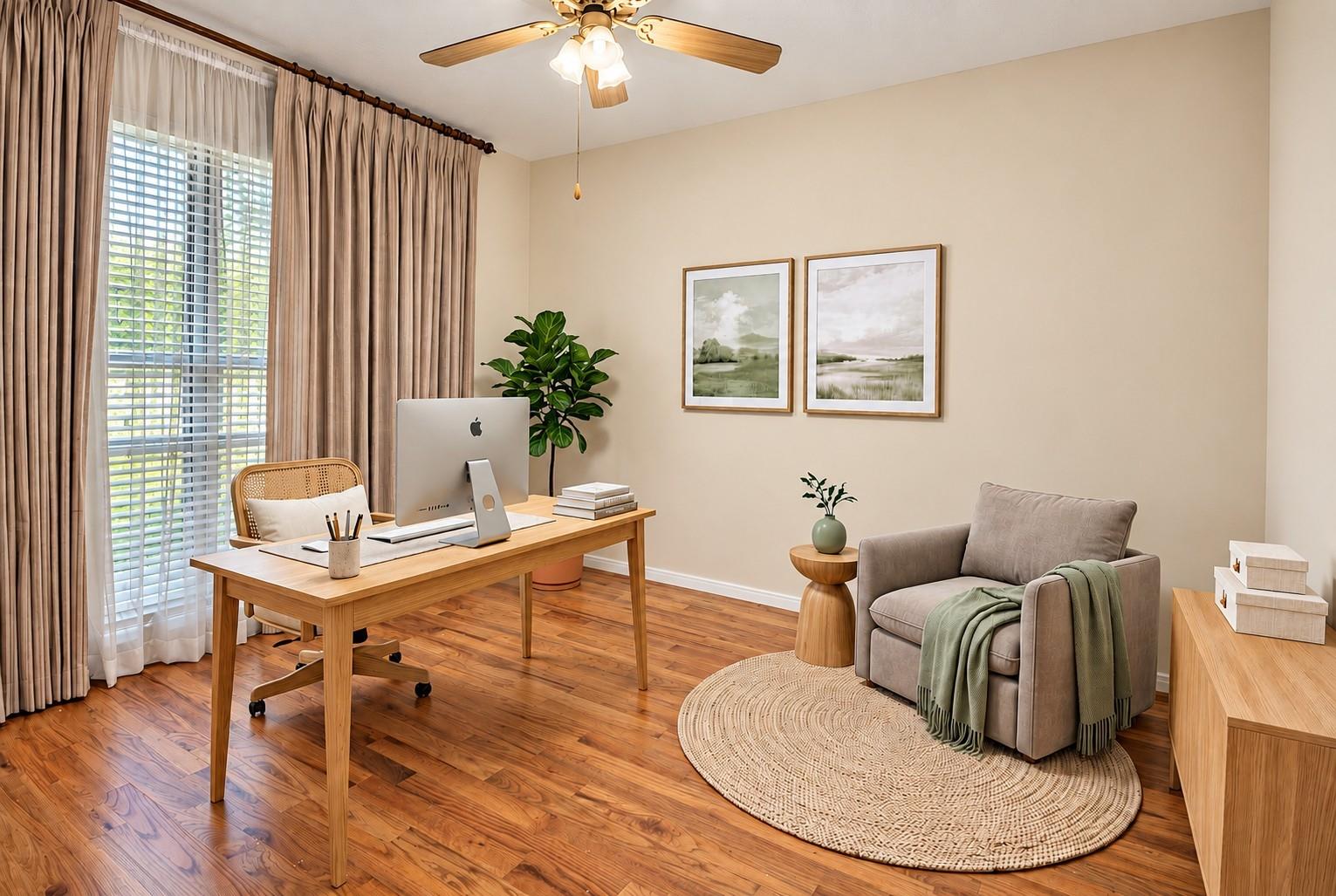 Furnished home office with a wooden desk, hardwood floors, and a cushioned armchair by a window.