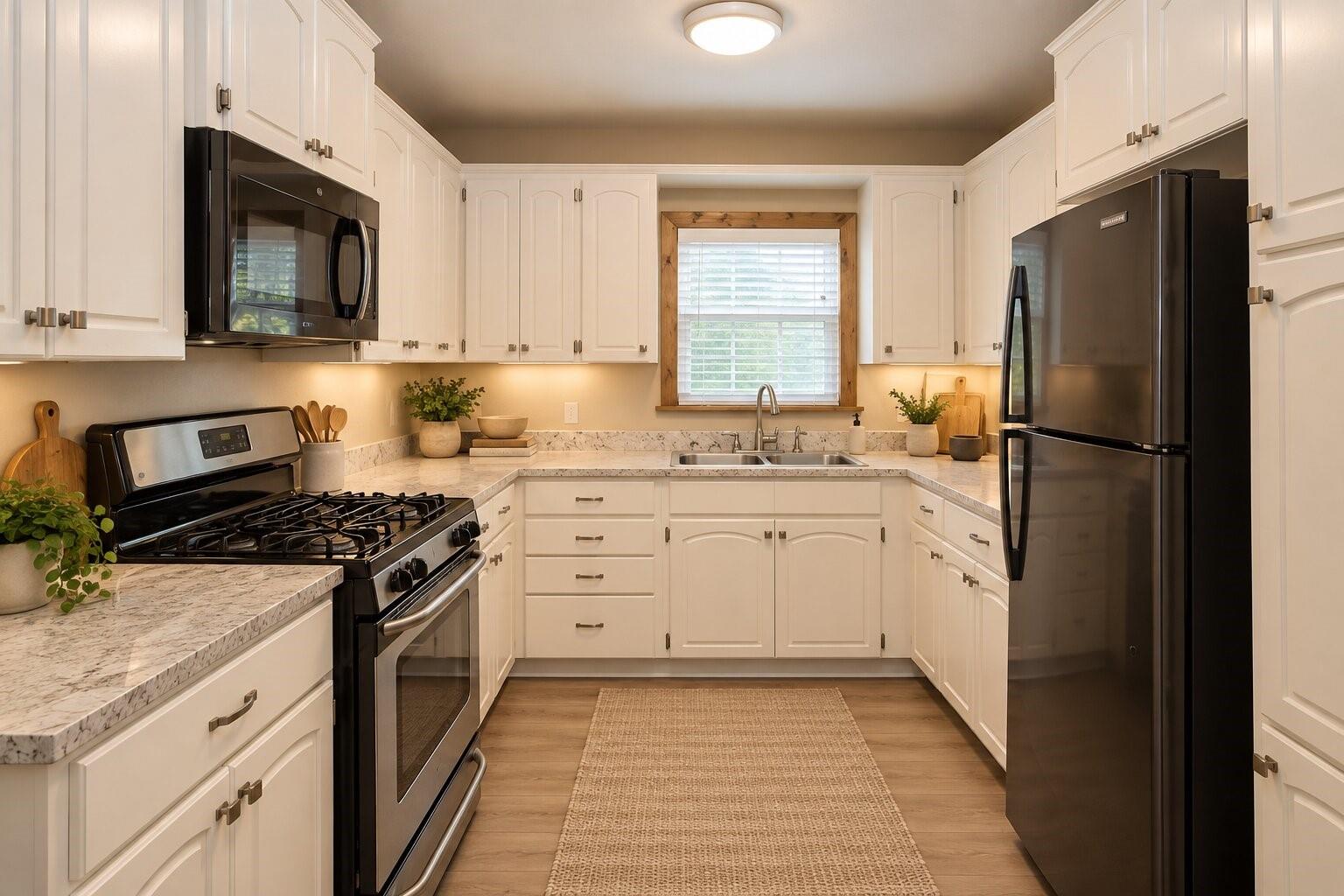 Kitchen with white cabinets, marble-pattern counters, black appliances, and a wood-trimmed window over the sink.