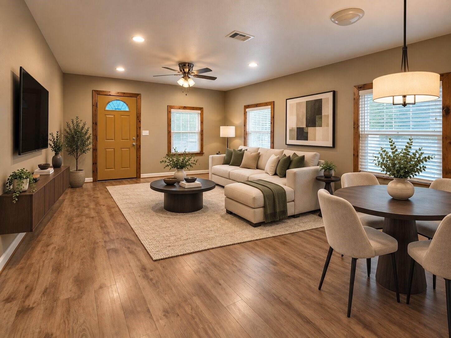 Living and dining room with a cream sofa, wood floors, and a mustard-colored front door.