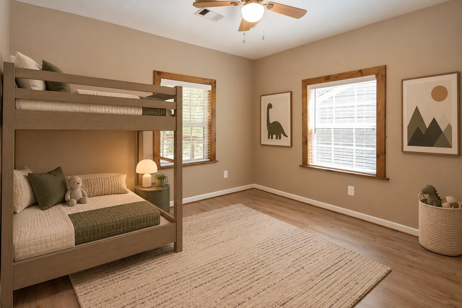 Bedroom with a wooden bunk bed, woven rug, bright windows, and dinosaur wall art.