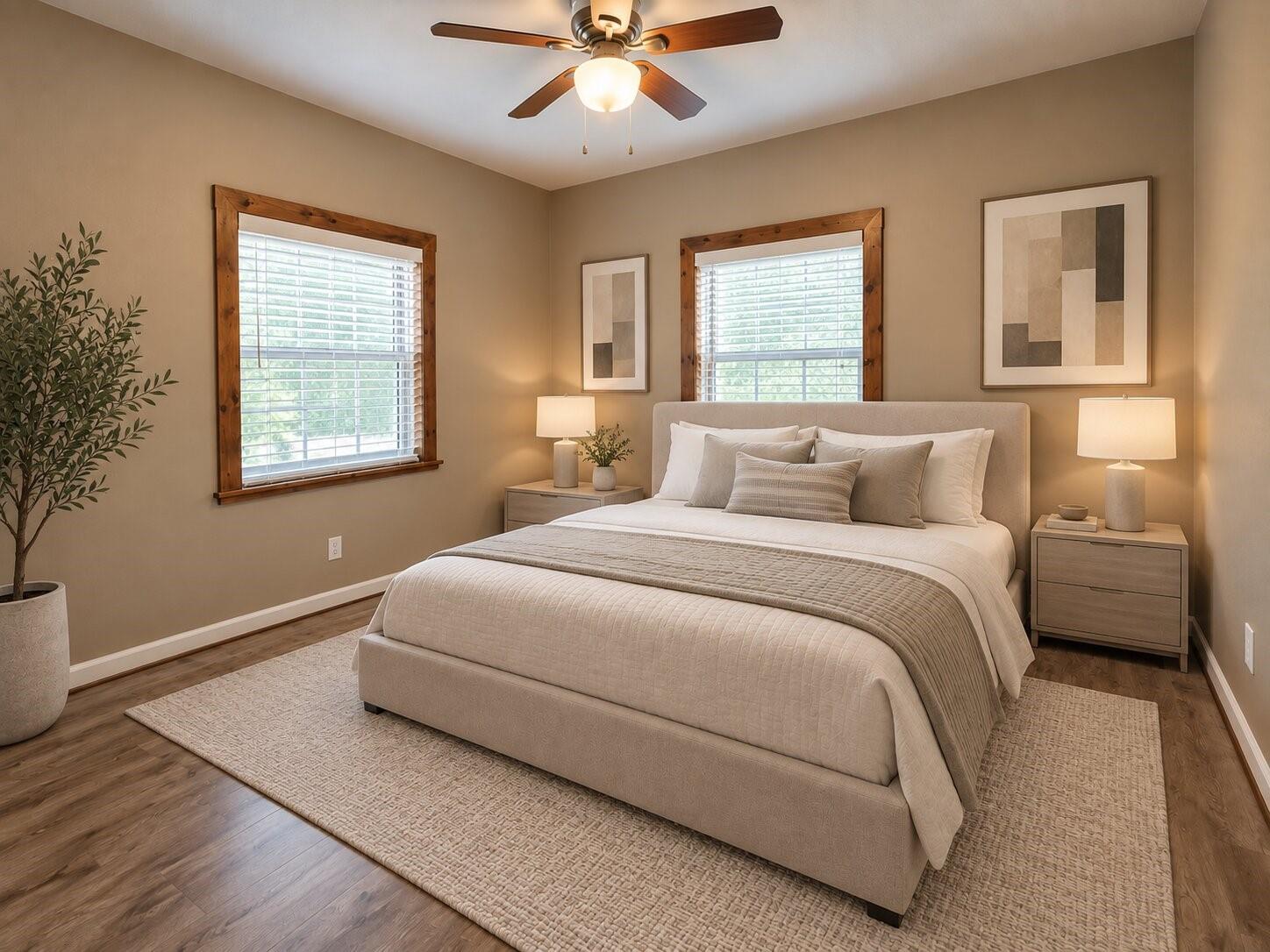 Staged bedroom with a cream upholstered bed, wood-trimmed windows, and hardwood floors.