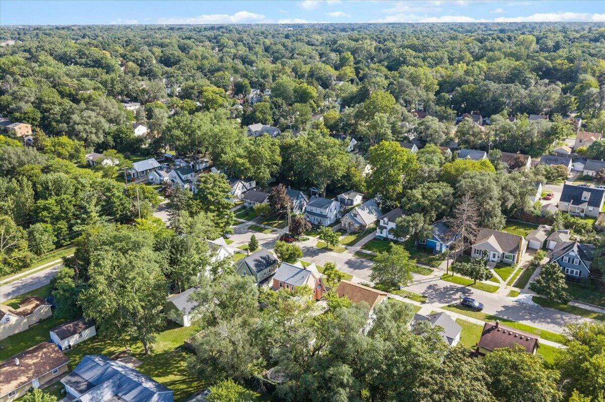 Aerial view of a leafy neighborhood with detached homes and dense woodland beyond.