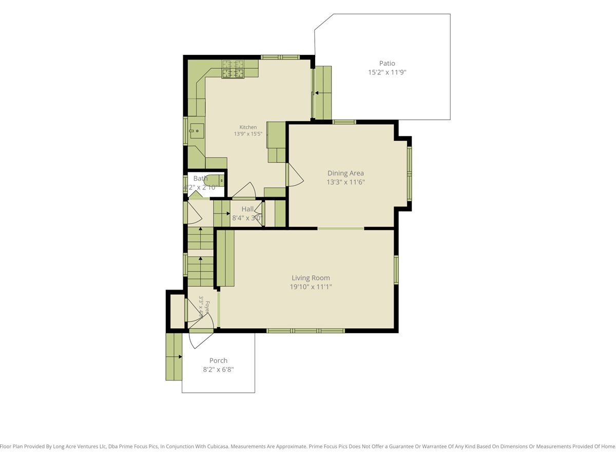 Floor plan showing a kitchen, dining area, living room, bath, patio, and front porch.