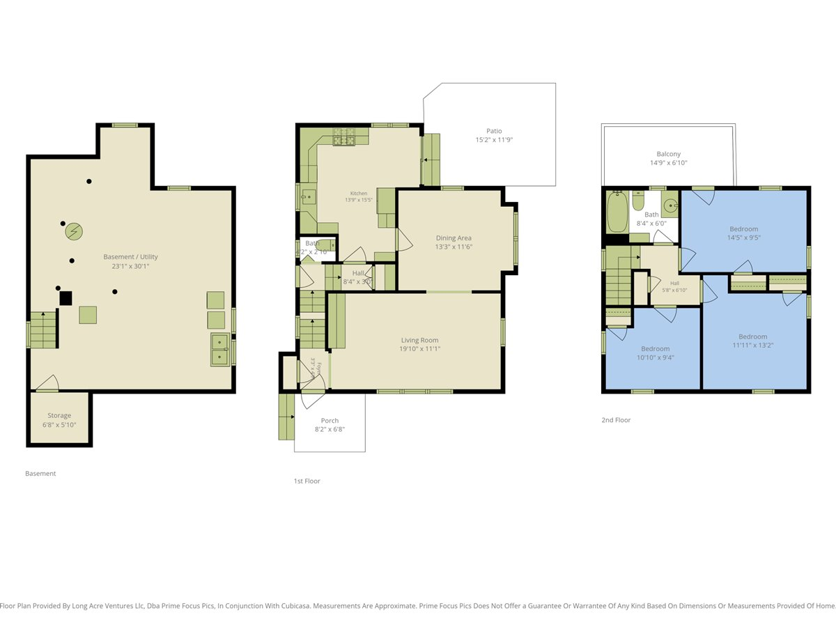 Three-level floor plan showing basement, first-floor living spaces and patio, and three second-floor bedrooms with balcony.