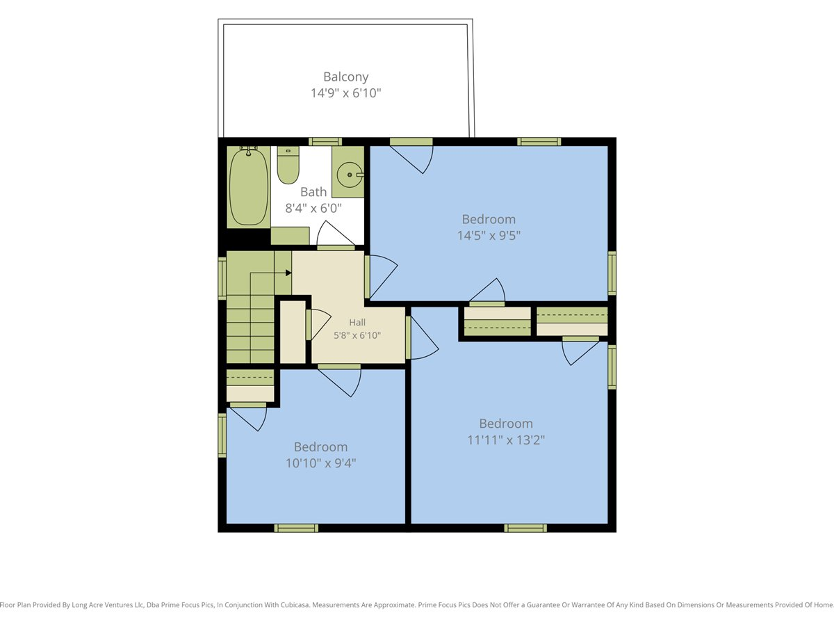 Floor plan with three bedrooms, a bathroom, stairs, and a balcony.