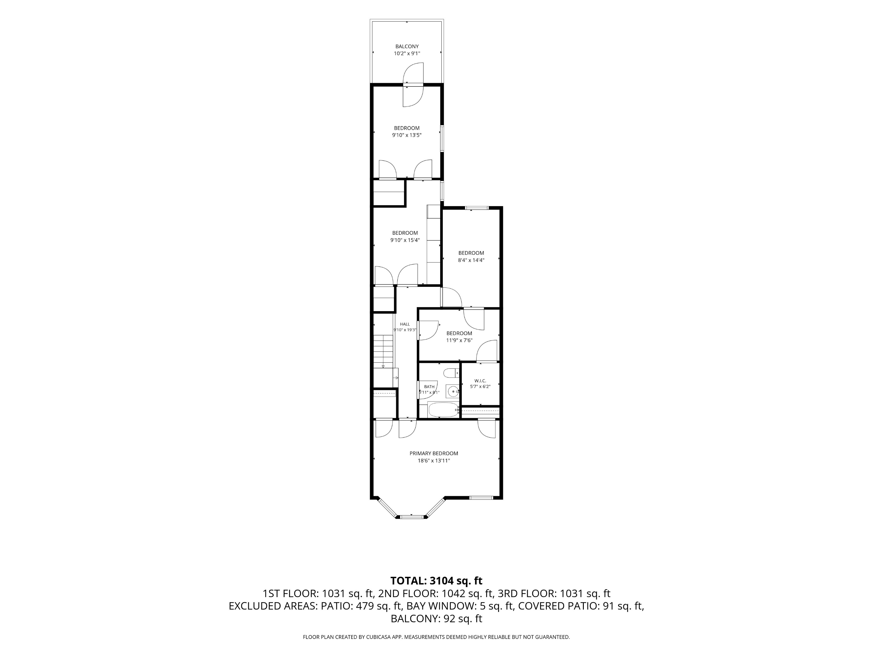 Floor plan showing five bedrooms, a balcony, bath, walk-in closet, and 3,104 square feet across three floors.
