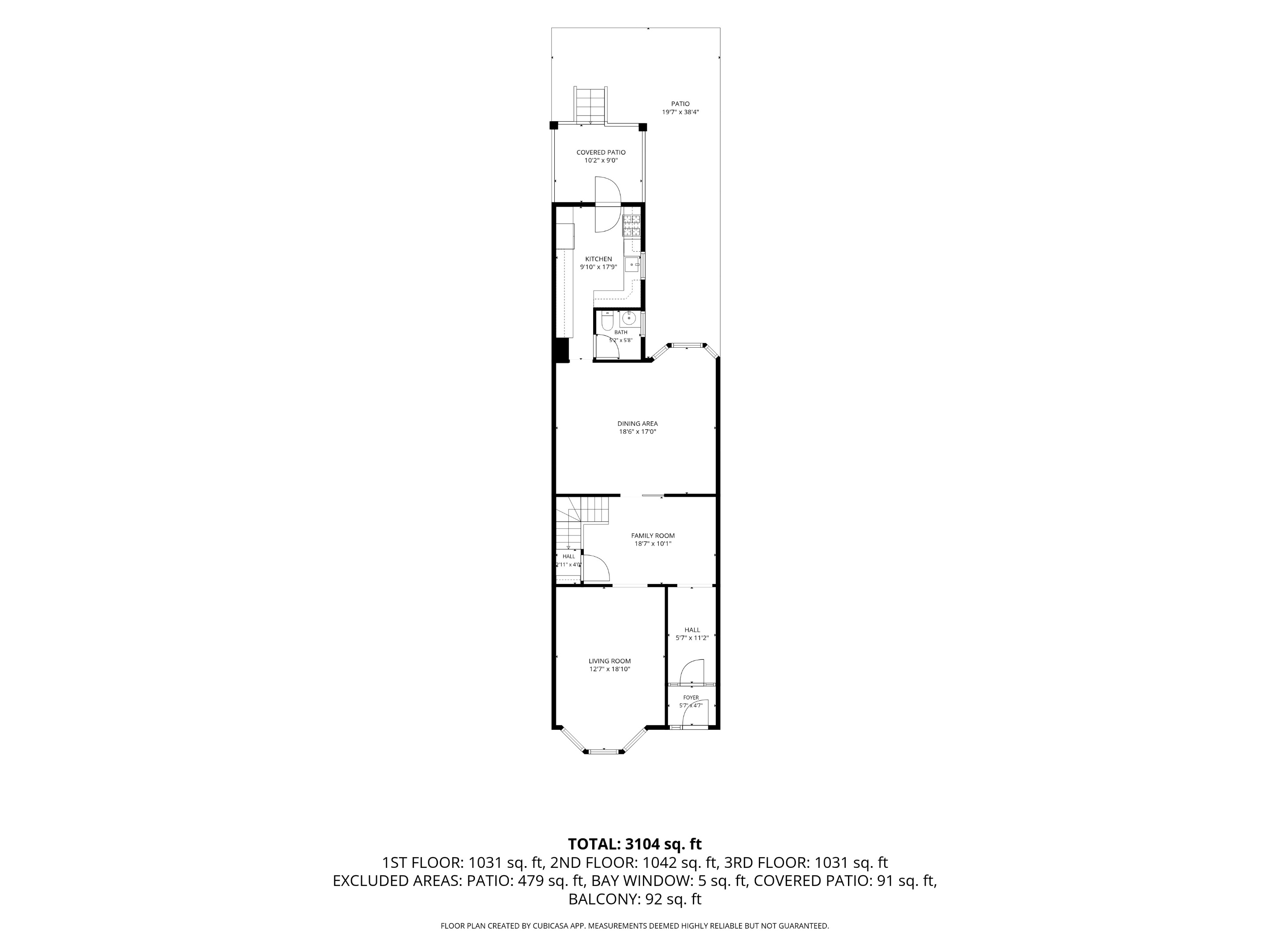 Three-story home floor plan showing living and dining areas, kitchen, bath, family room, and patio; 3,104 square feet total.