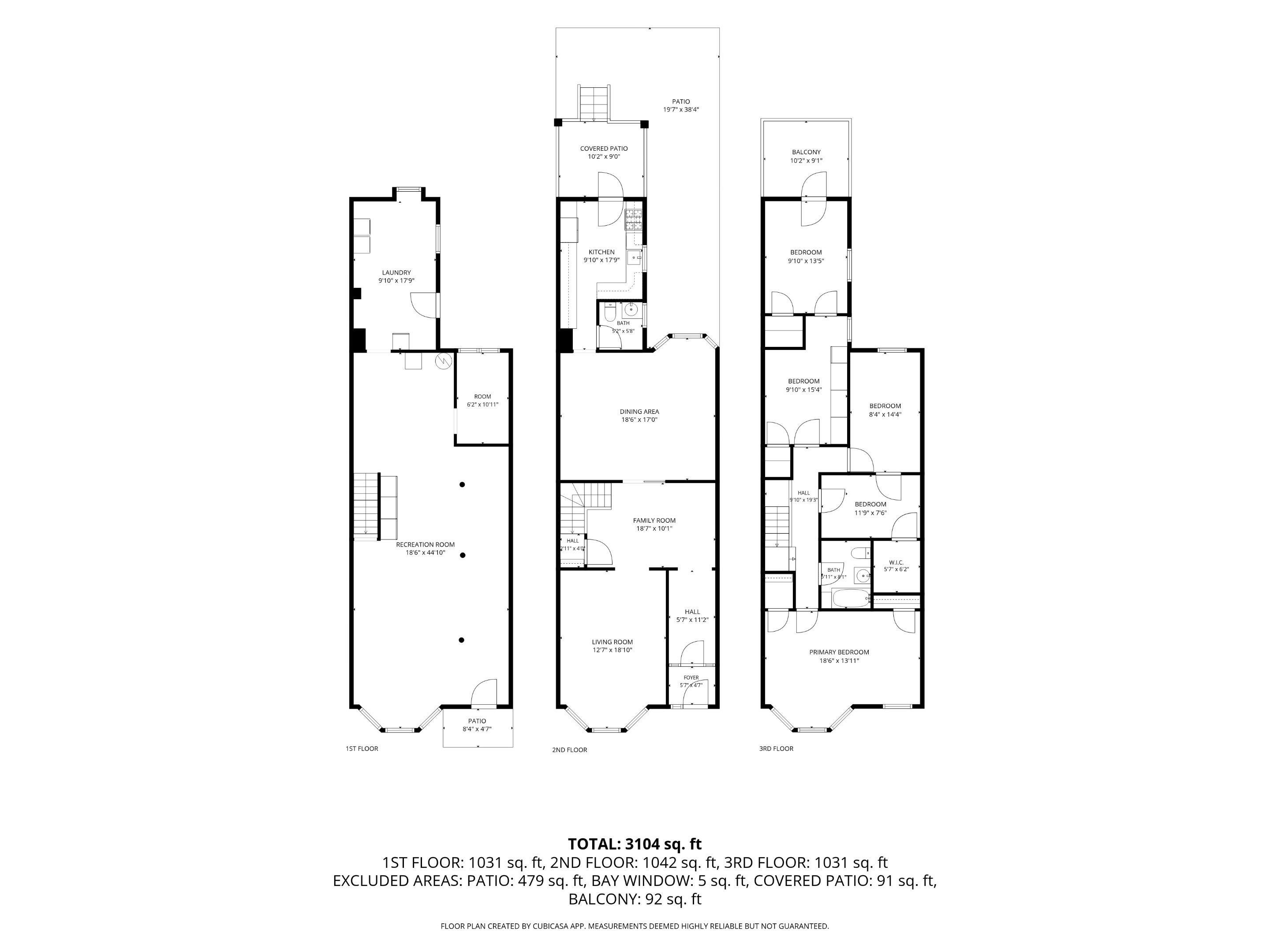 Three-floor home plan showing room layouts, a recreation room, patios, and a balcony.