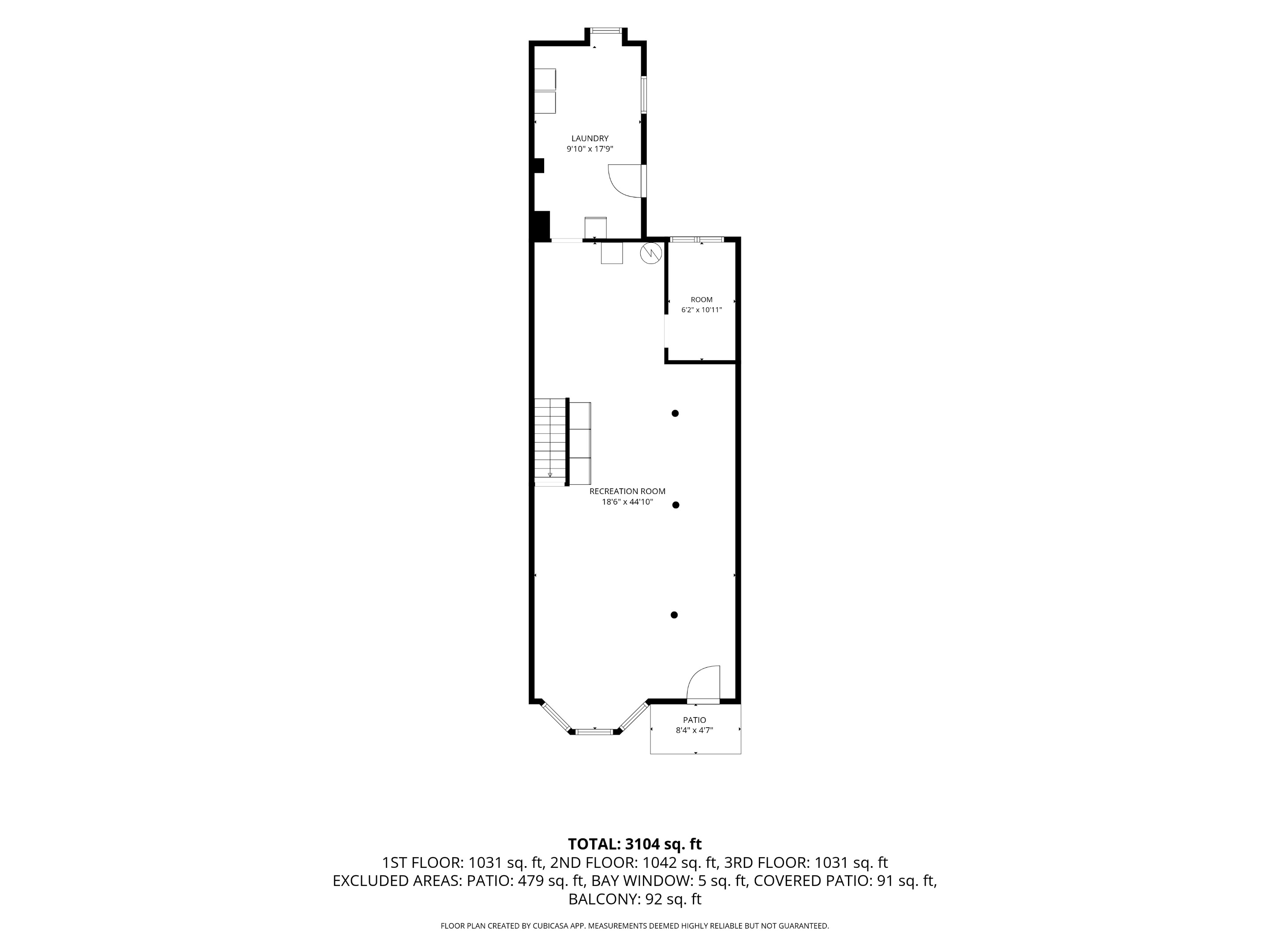 Floor plan showing a large recreation room, laundry room, patio, and three-floor area measurements.