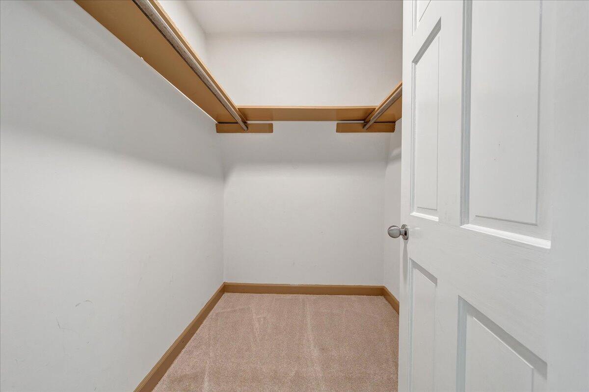 Empty walk-in closet with upper shelves, hanging rods, and beige carpet.
