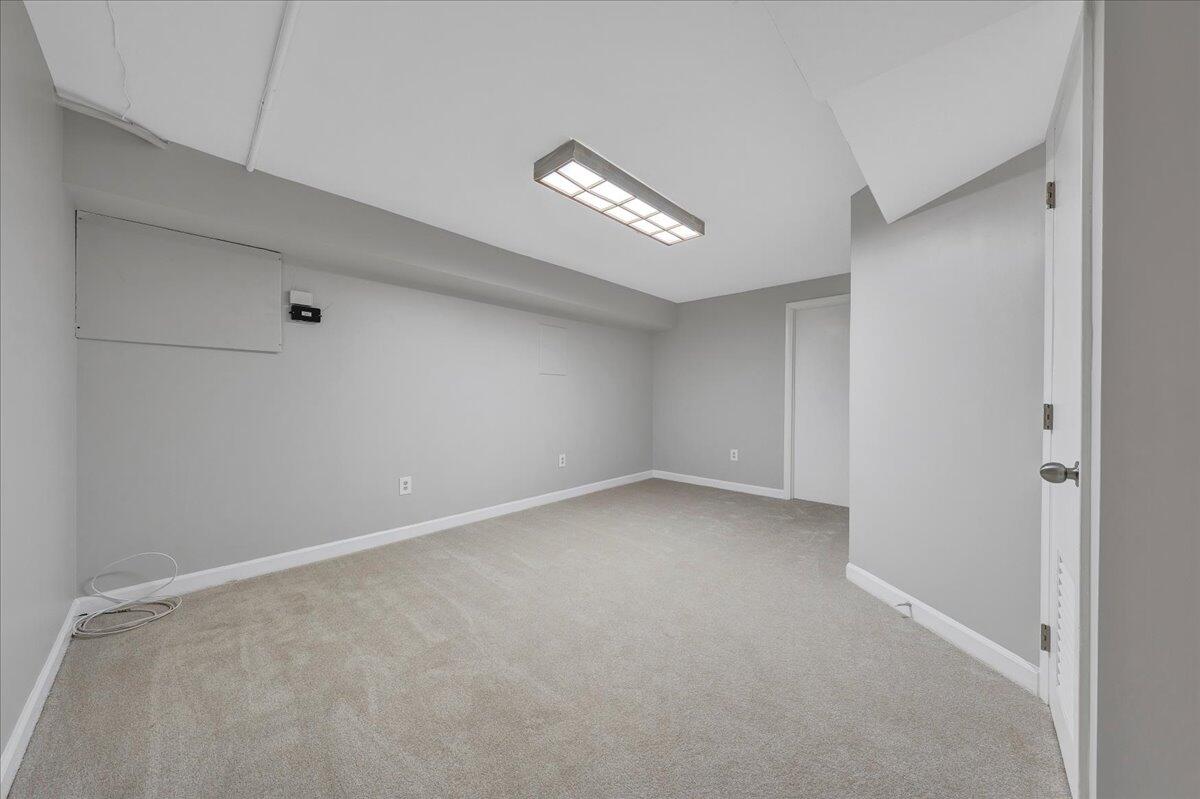 Empty carpeted room with an angled ceiling and rectangular fluorescent light.