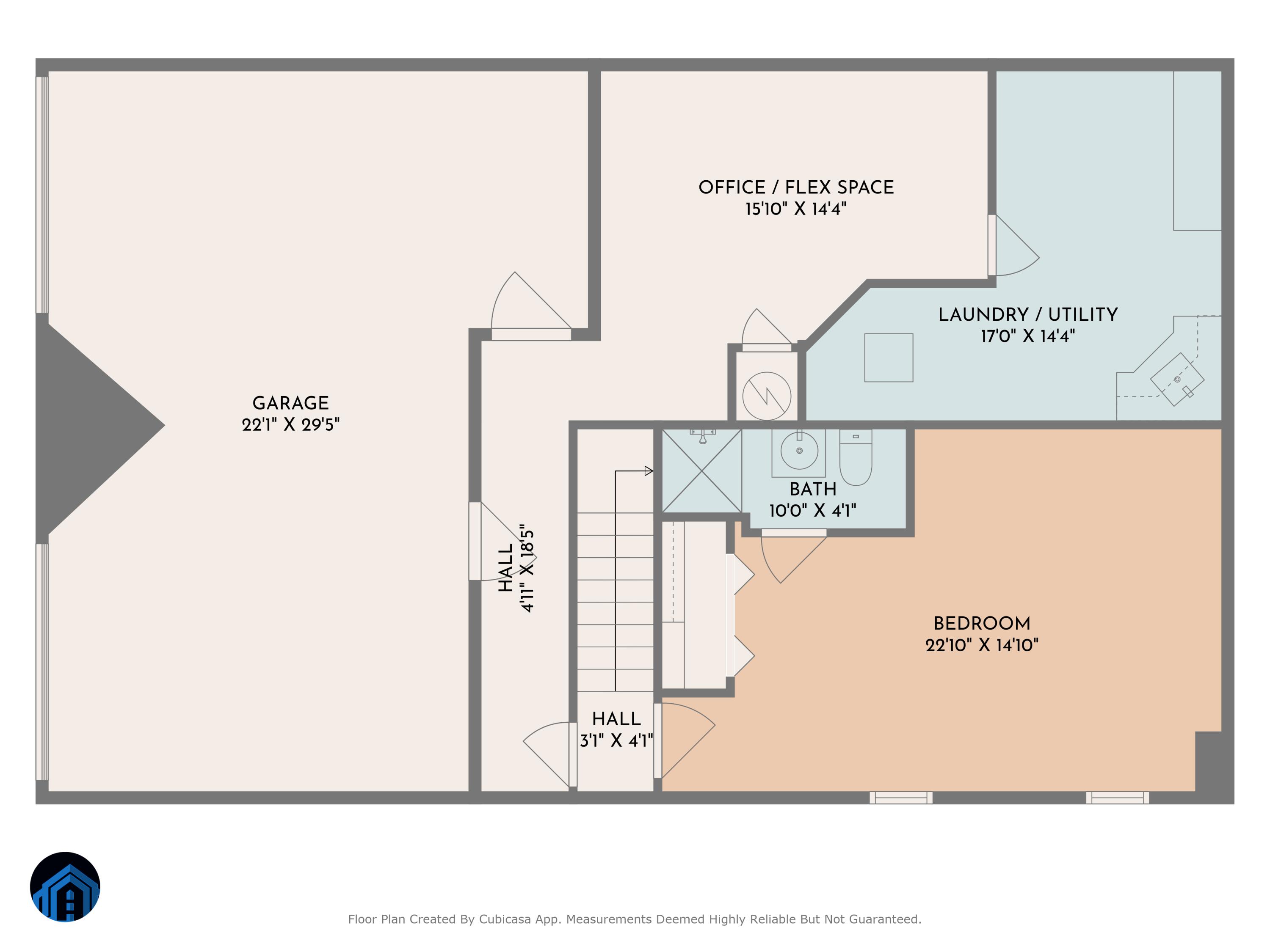 Floor plan showing a garage, office, laundry room, bedroom, bath, and hallways.