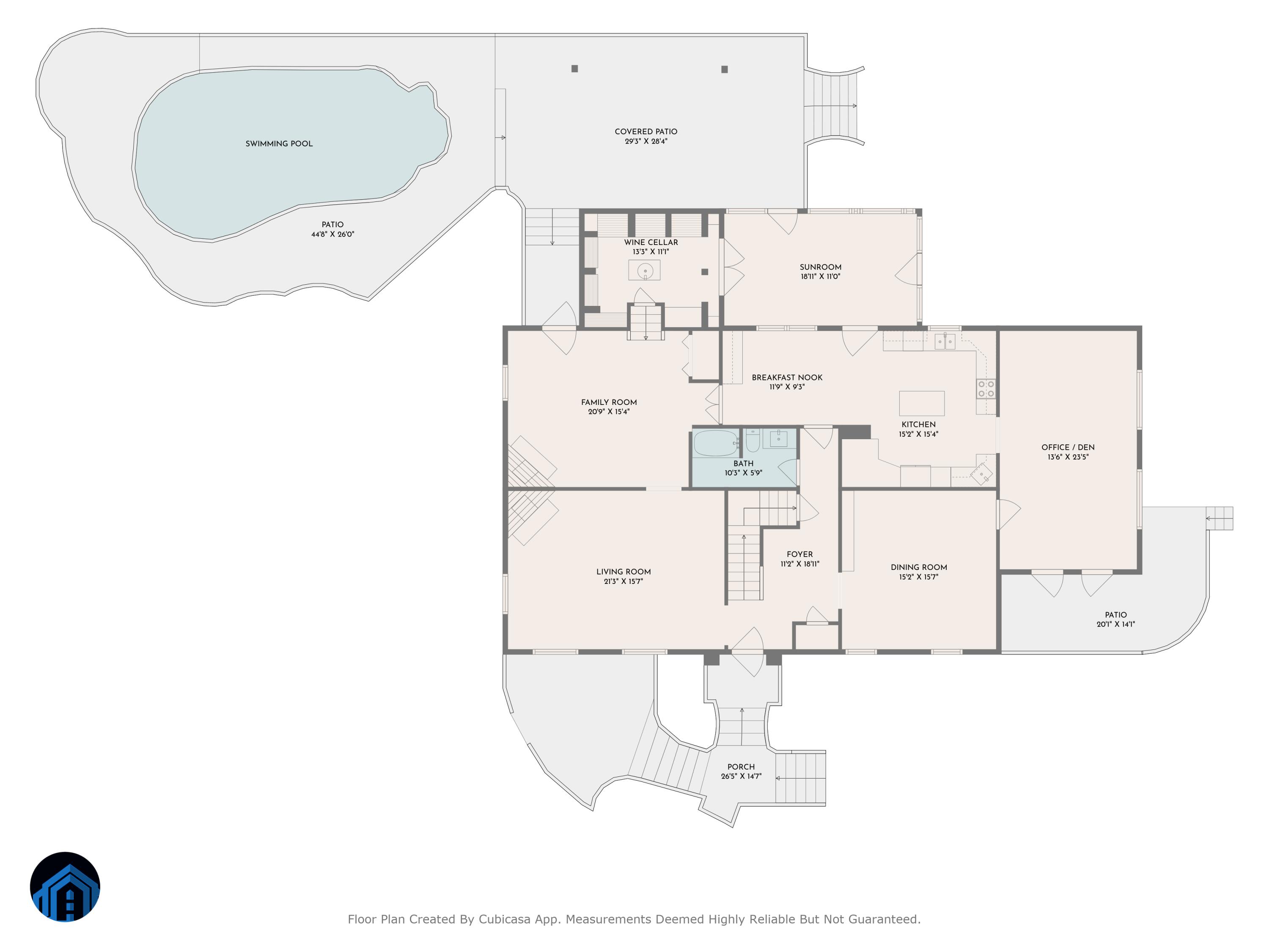 Floor plan showing the home’s rooms, swimming pool, patios, covered patio, and porch.