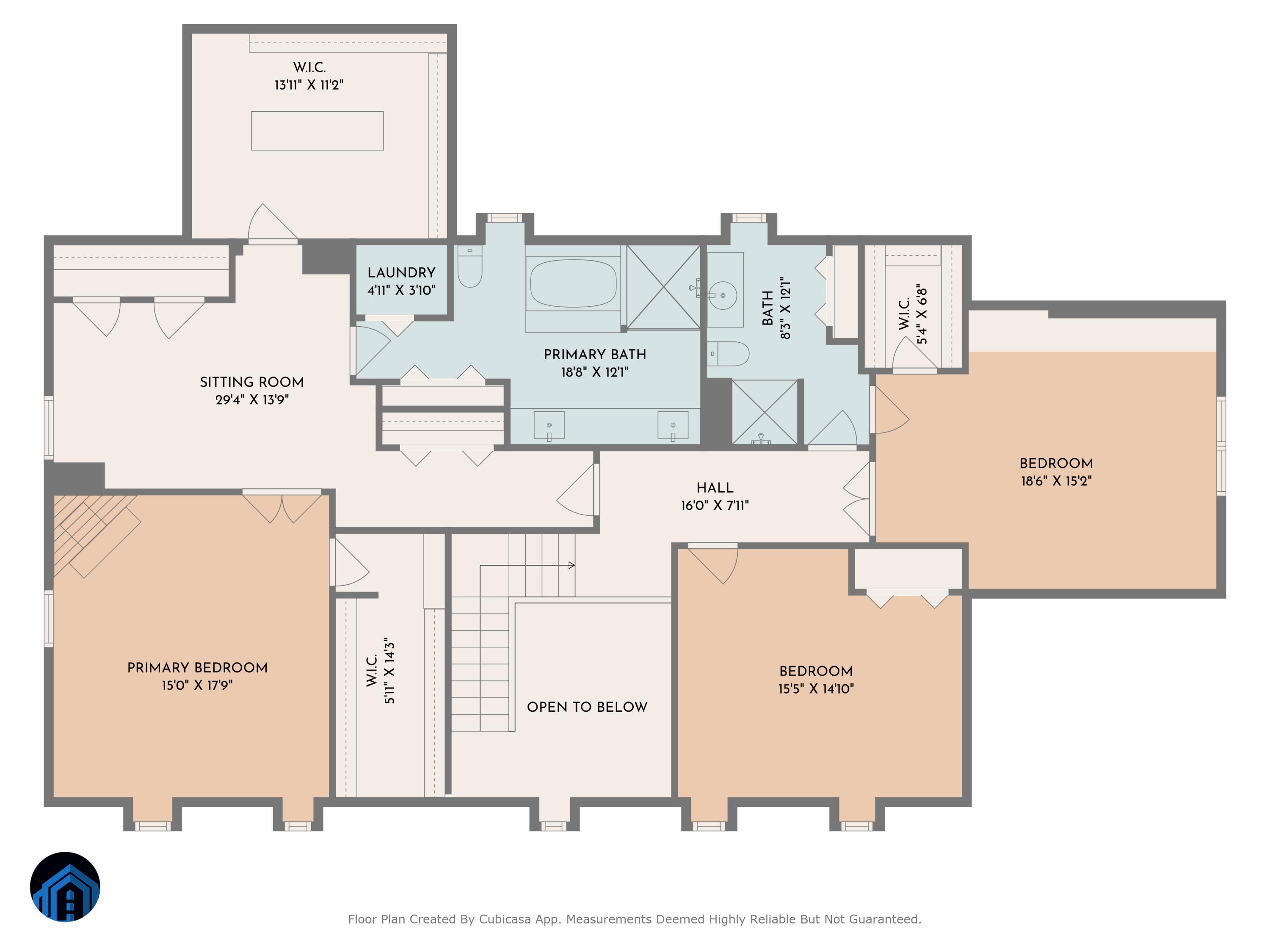Second-floor plan with a primary suite, two bedrooms, sitting room, laundry, and open-to-below area.