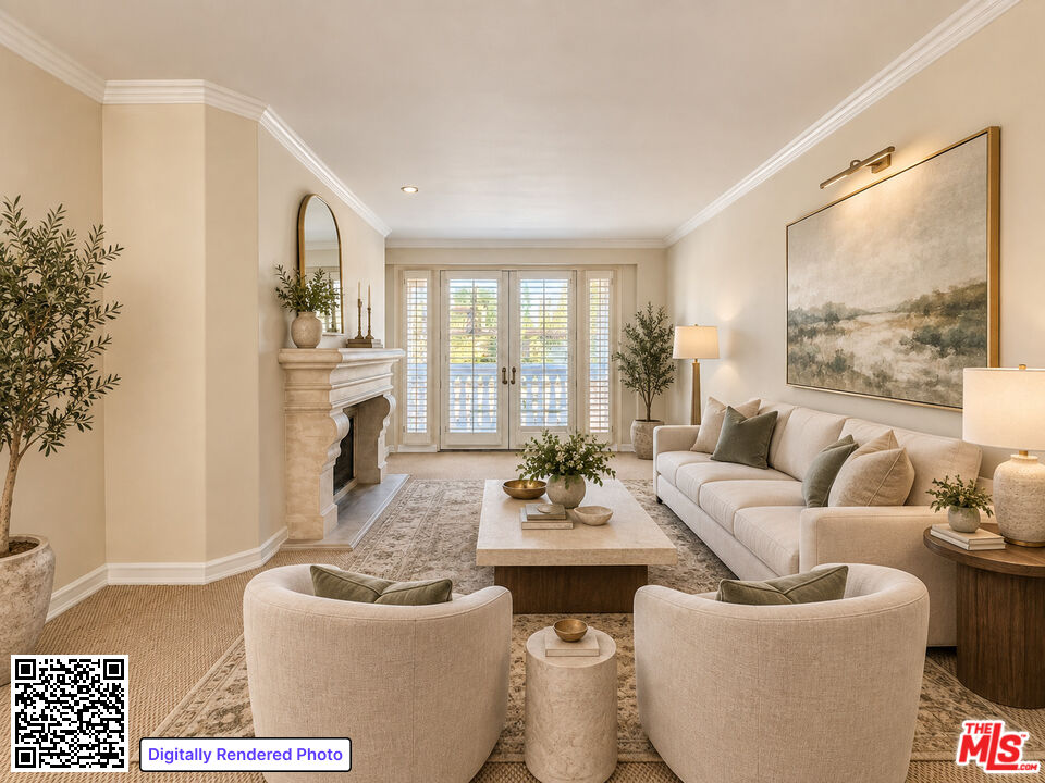 Digitally rendered living room with a stone fireplace, cream seating, and shuttered glass doors.