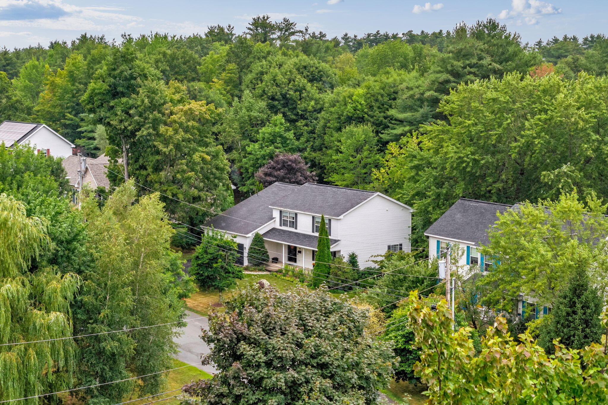 White two-story house nestled among dense summer trees, seen from above.