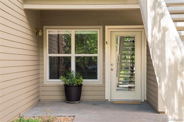 Covered home entry with a glass-paneled door, large window, and potted plant.