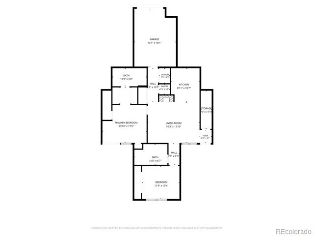 Condo floor plan with a garage, kitchen, living room, two bedrooms, bathrooms, and storage.