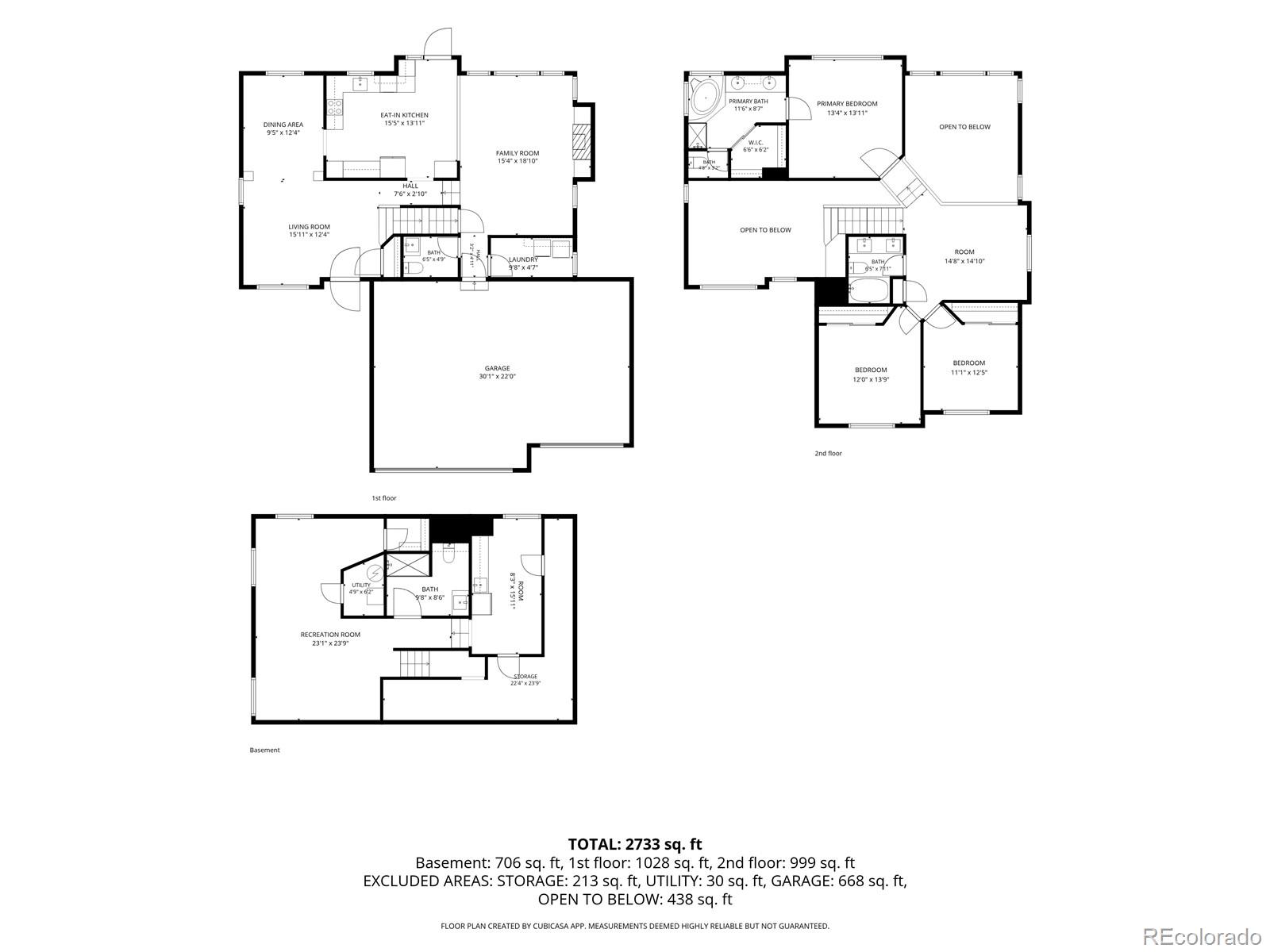 Three-level floor plan showing room layouts and dimensions, with a total area of 2,733 square feet.