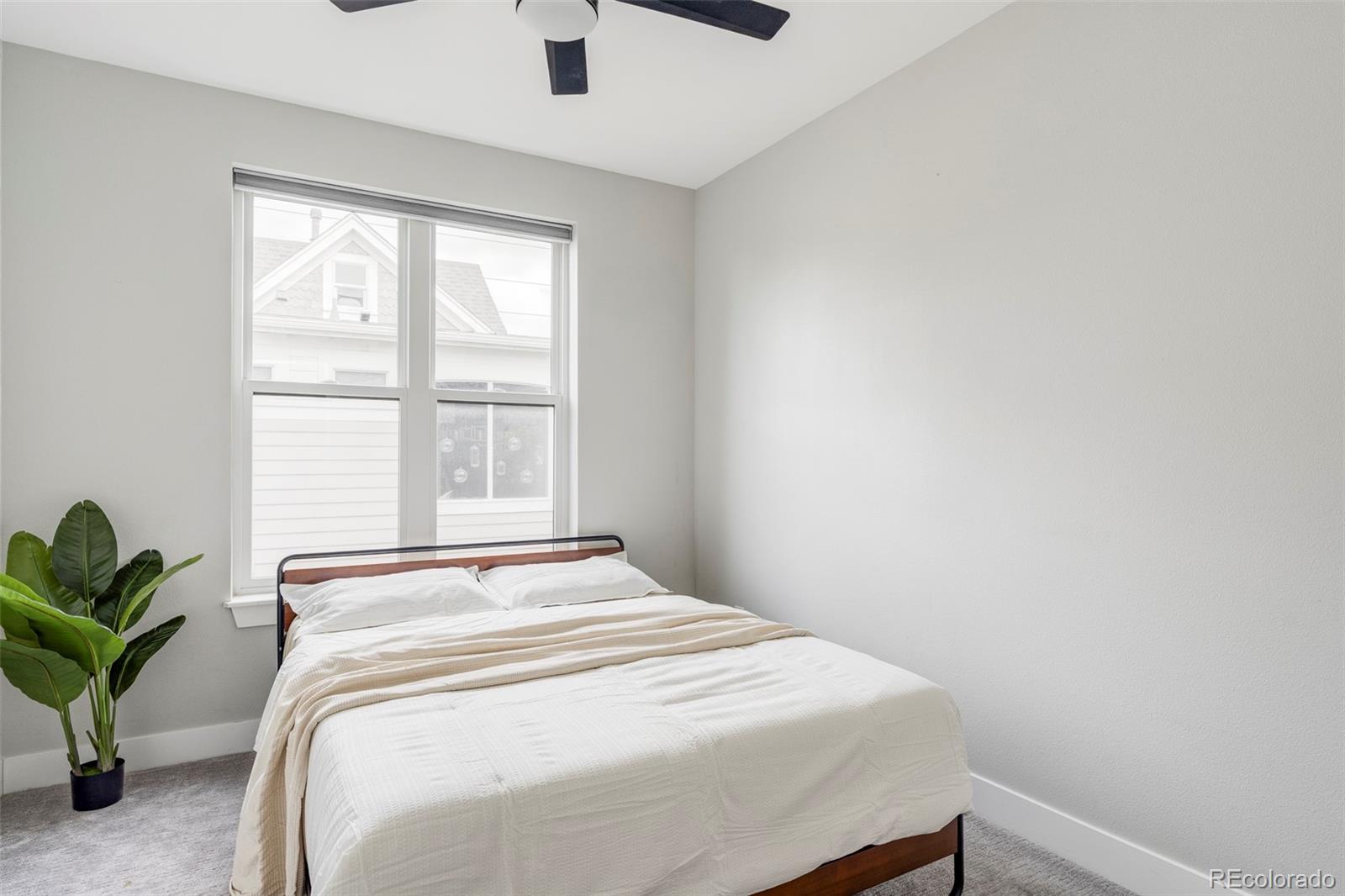 Bedroom with a white bed beneath a large window, a potted plant, and a ceiling fan.