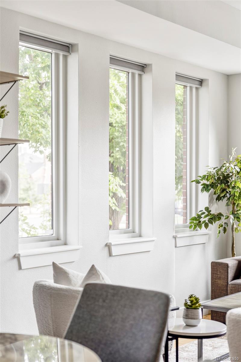 Bright living room with three tall windows, gray seating, and leafy plants.