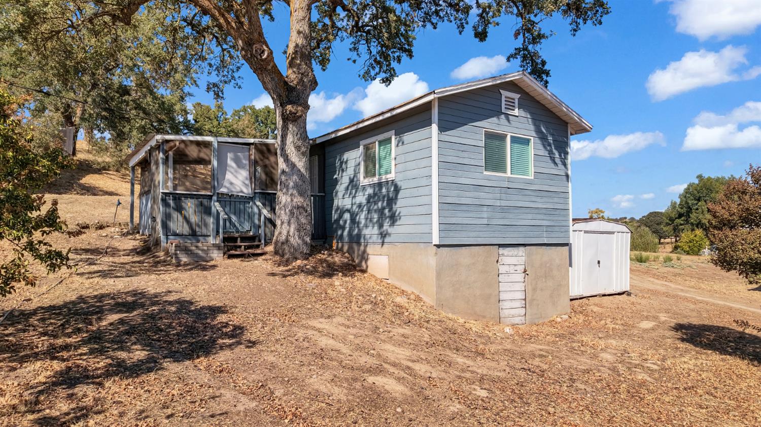 Blue-gray house beneath large trees, with a white storage shed beside it.