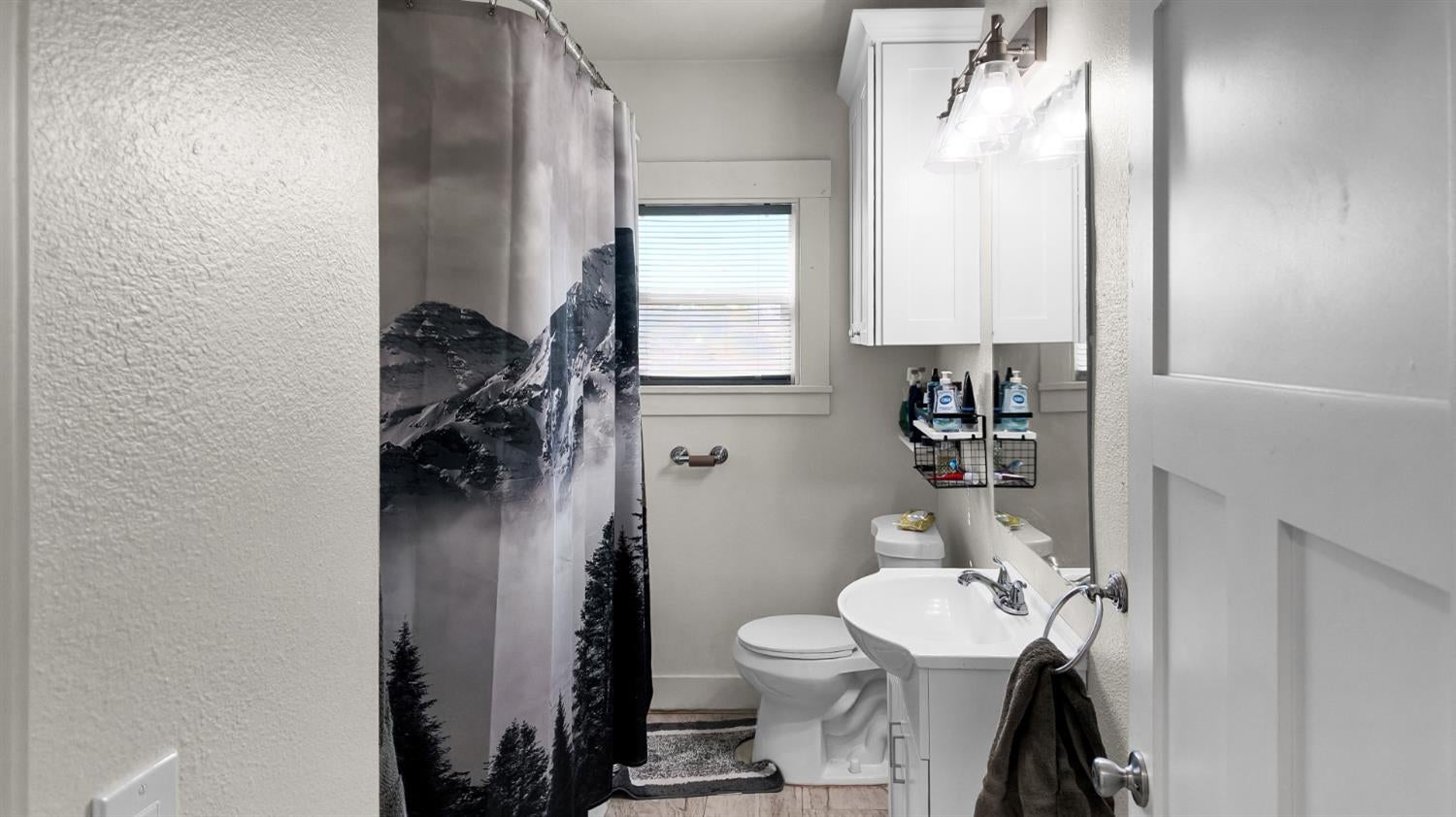 Bathroom with a mountain-print shower curtain, white vanity, toilet, and window with blinds.