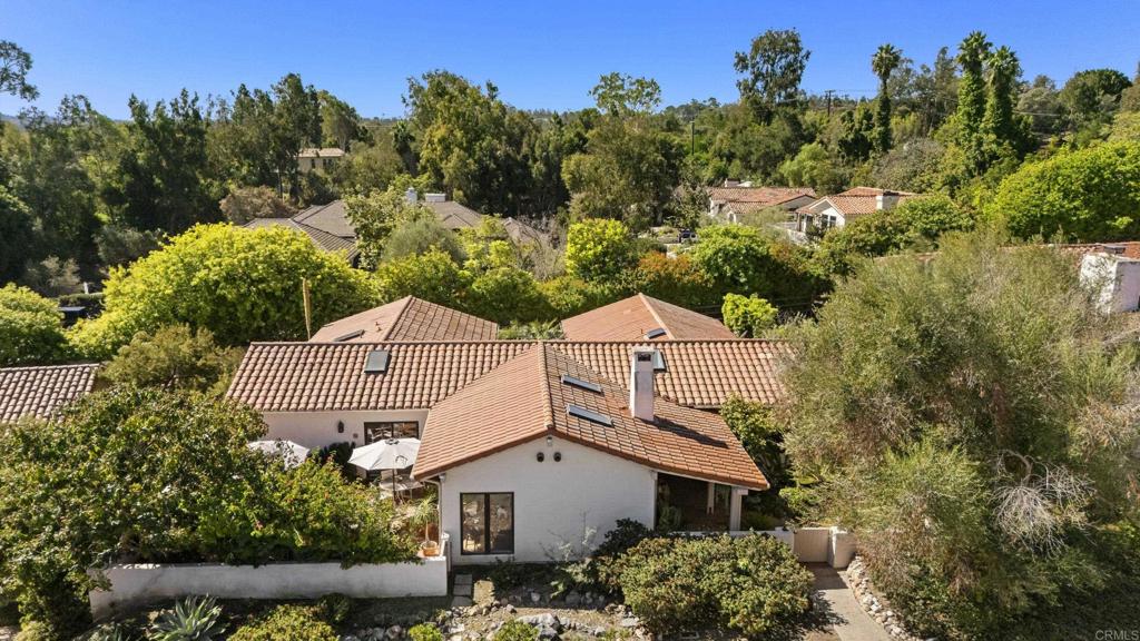 Aerial view of Spanish-style home surrounded by mature trees