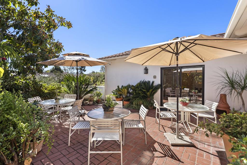 Rear patio with covered seating and tropical landscaping