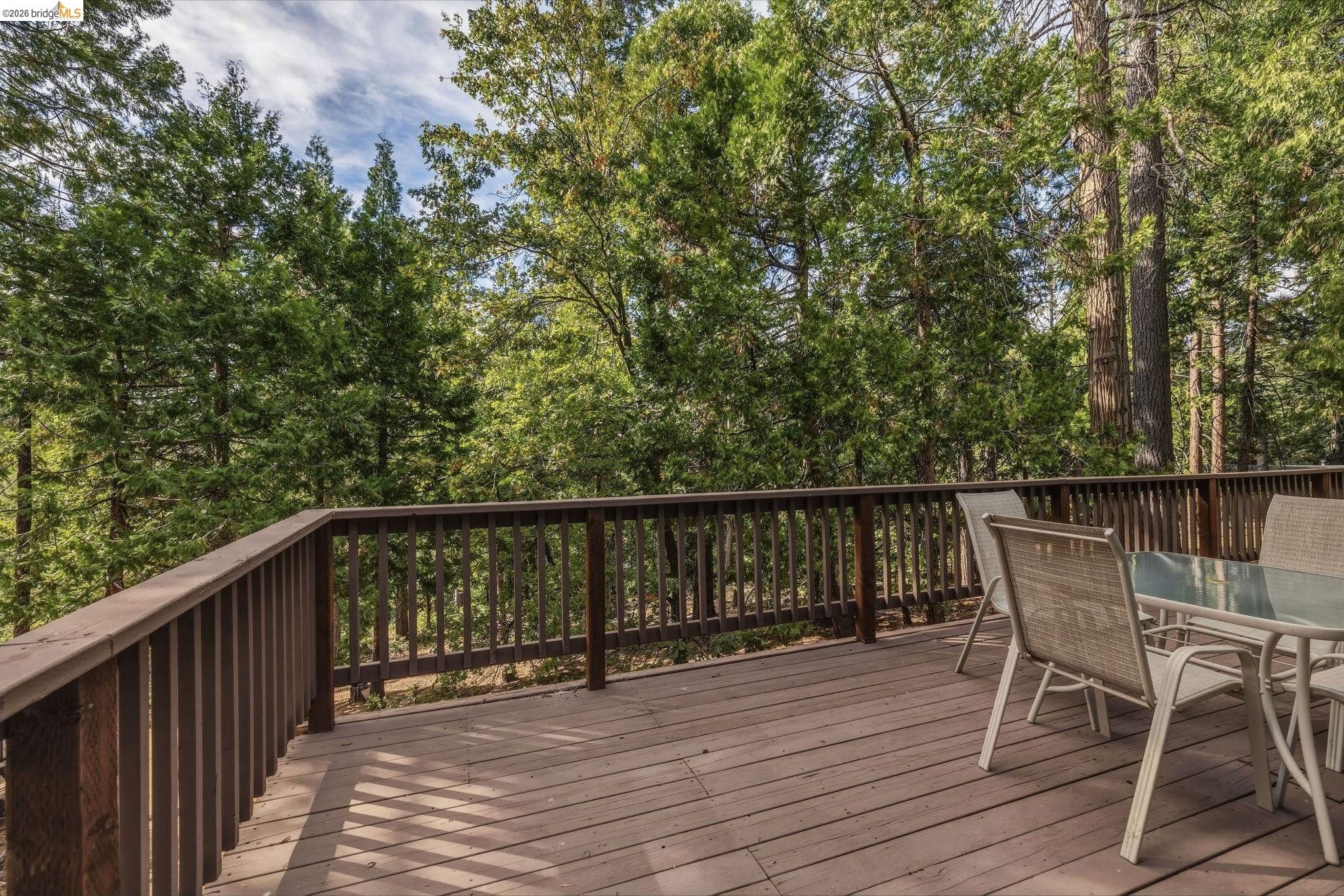 Wooden deck with patio dining set overlooking dense trees