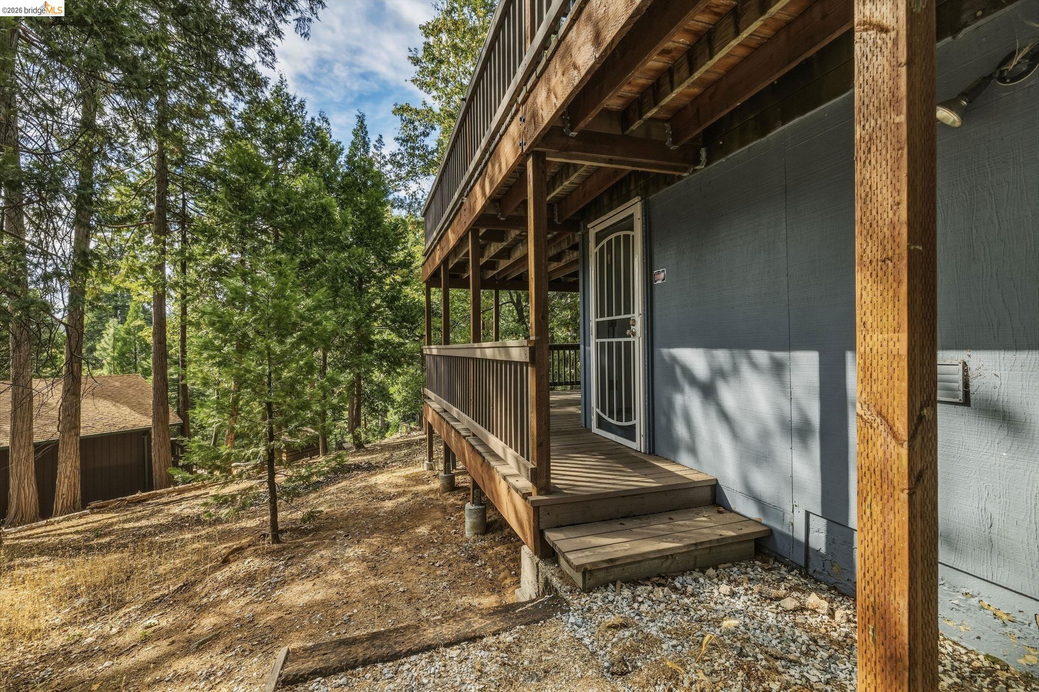 Raised wooden porch and steps at a blue-sided home among pine trees.
