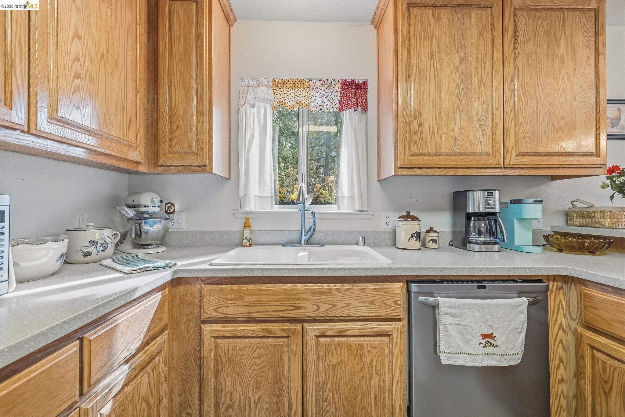 Kitchen with oak cabinets, a white sink below a window, and a stainless-steel dishwasher.