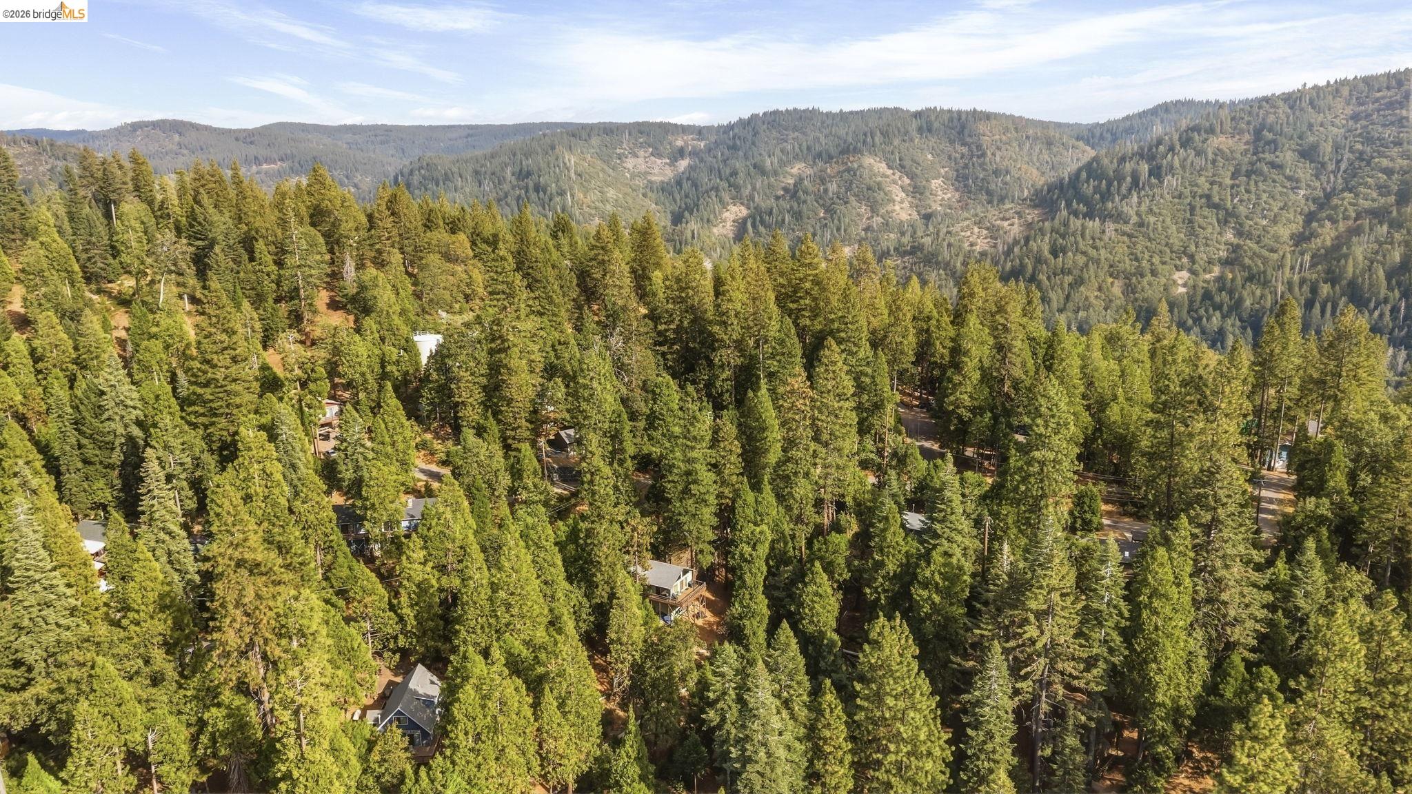 Aerial view of a forested mountain neighborhood with scattered homes and wooded hills.