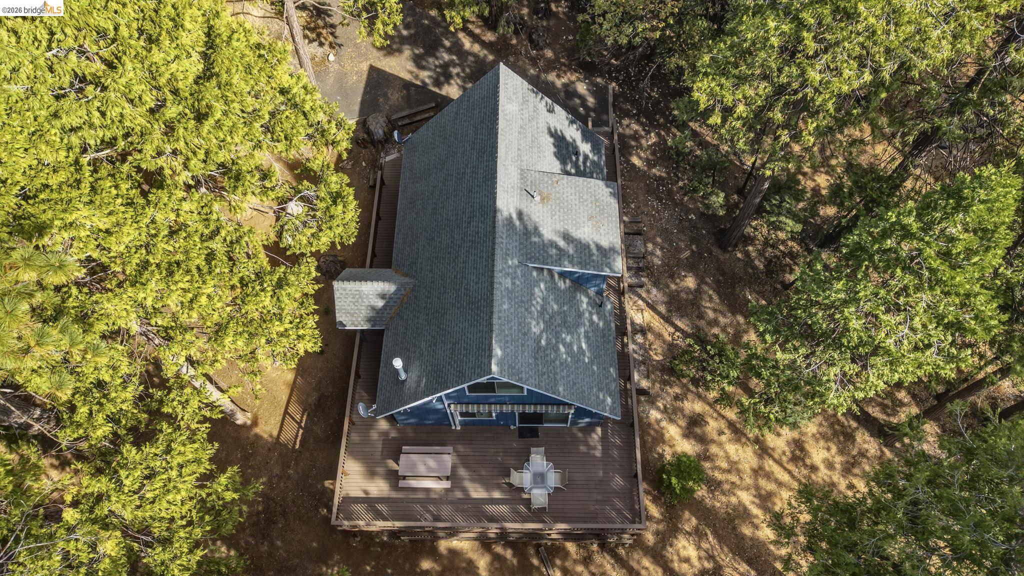 Aerial view of a blue-sided home with a large deck surrounded by evergreen trees.