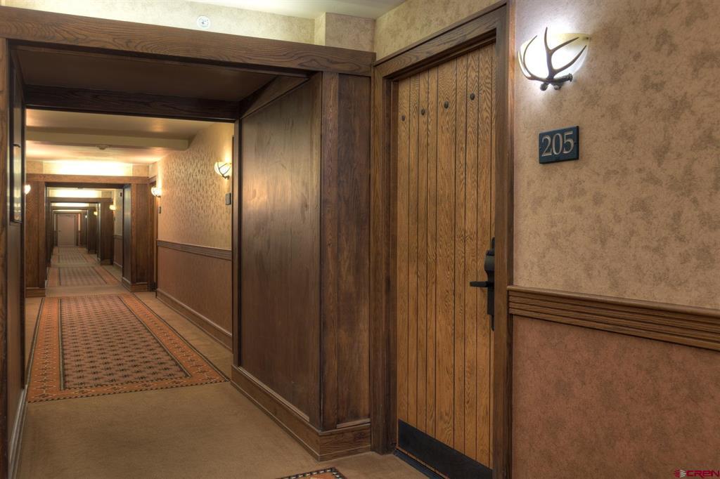 Condominium hallway with patterned carpet and wood-paneled unit door marked 205.