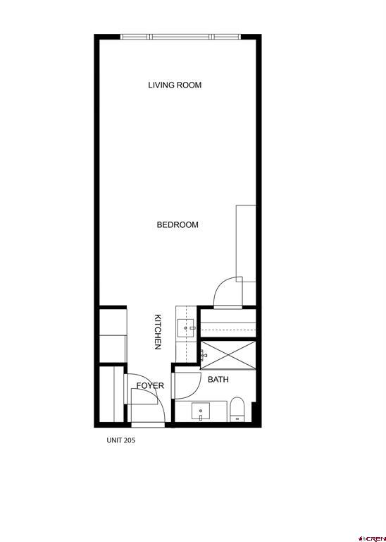Floor plan for Unit 205 with a living room, bedroom, kitchen, bath, and foyer.