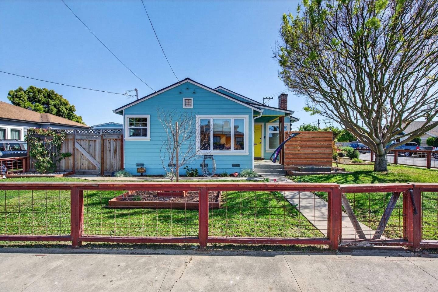 Blue single-story house with a yellow door, fenced garden beds, and a large tree.