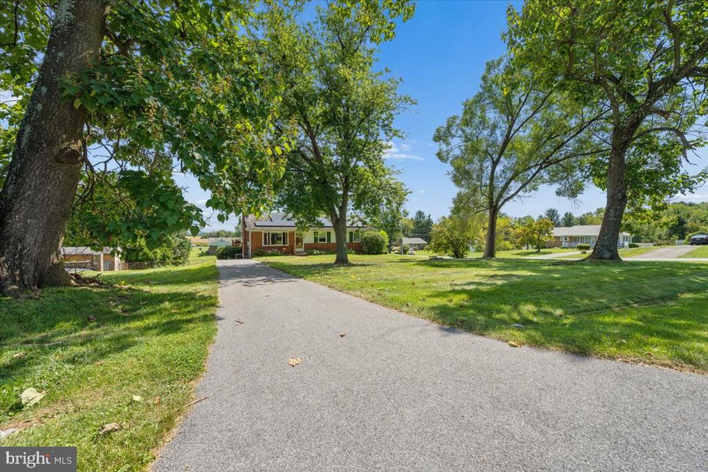 Brick ranch home beyond a paved driveway, framed by mature trees and a broad green lawn.