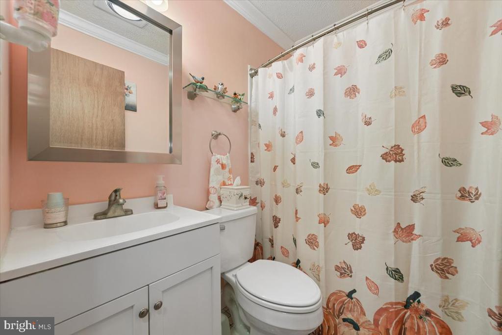 Bathroom with a white vanity, toilet, and autumn-leaf shower curtain.