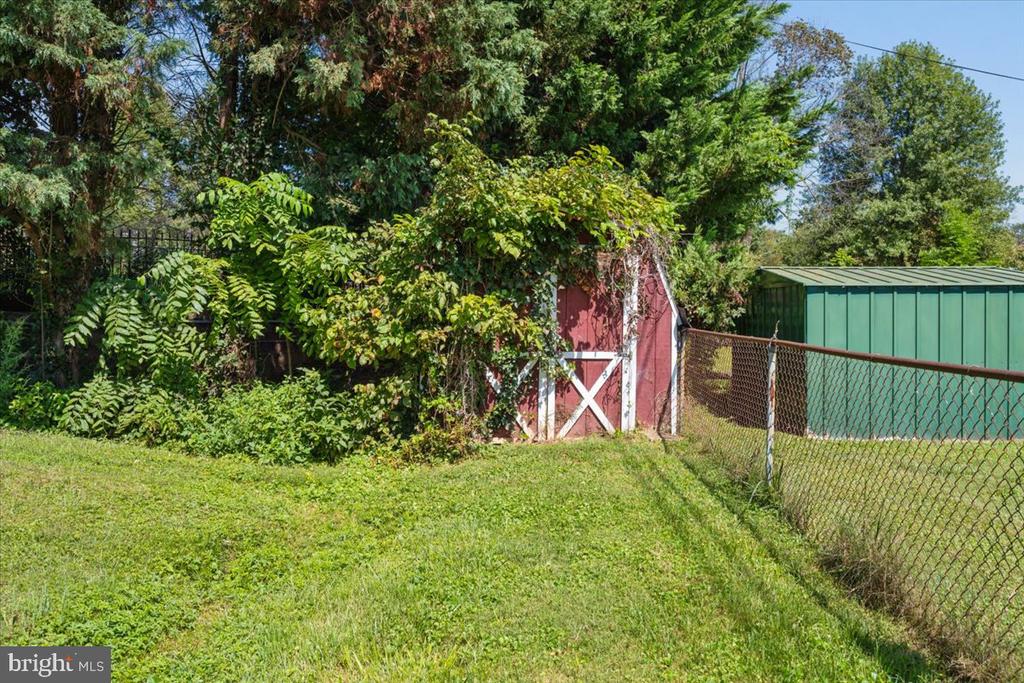 Backyard with a vine-covered red shed, green storage shed, and chain-link fence.