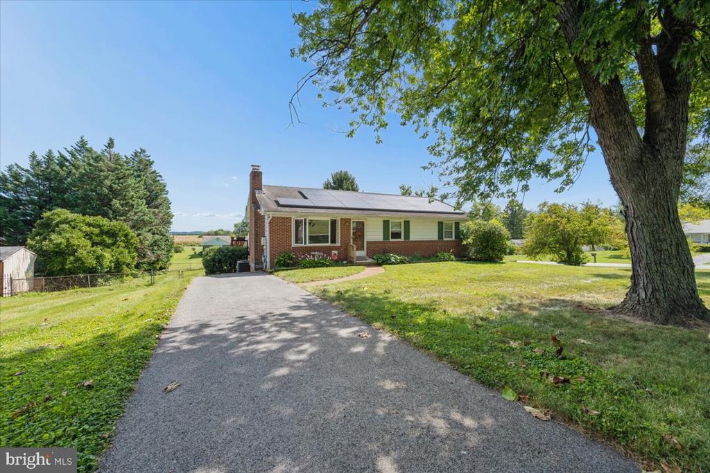 Single-story brick-and-siding home with rooftop solar panels, a paved driveway, and a large front-yard tree.