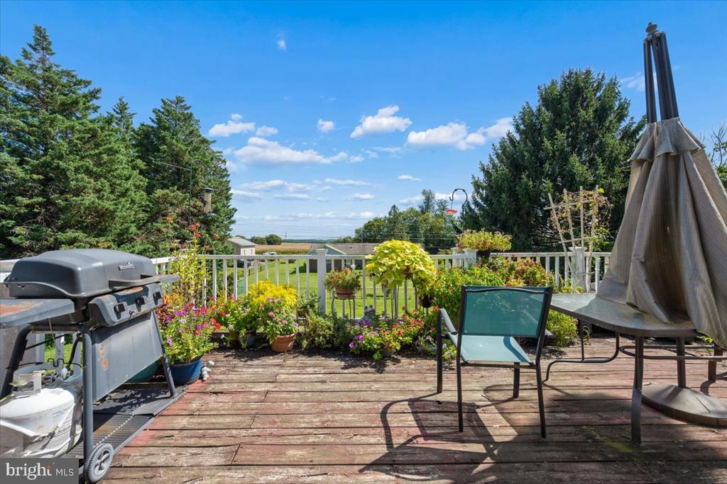 Wooden deck with a barbecue grill, patio seating, and colorful flowers overlooking a lawn and distant fields.