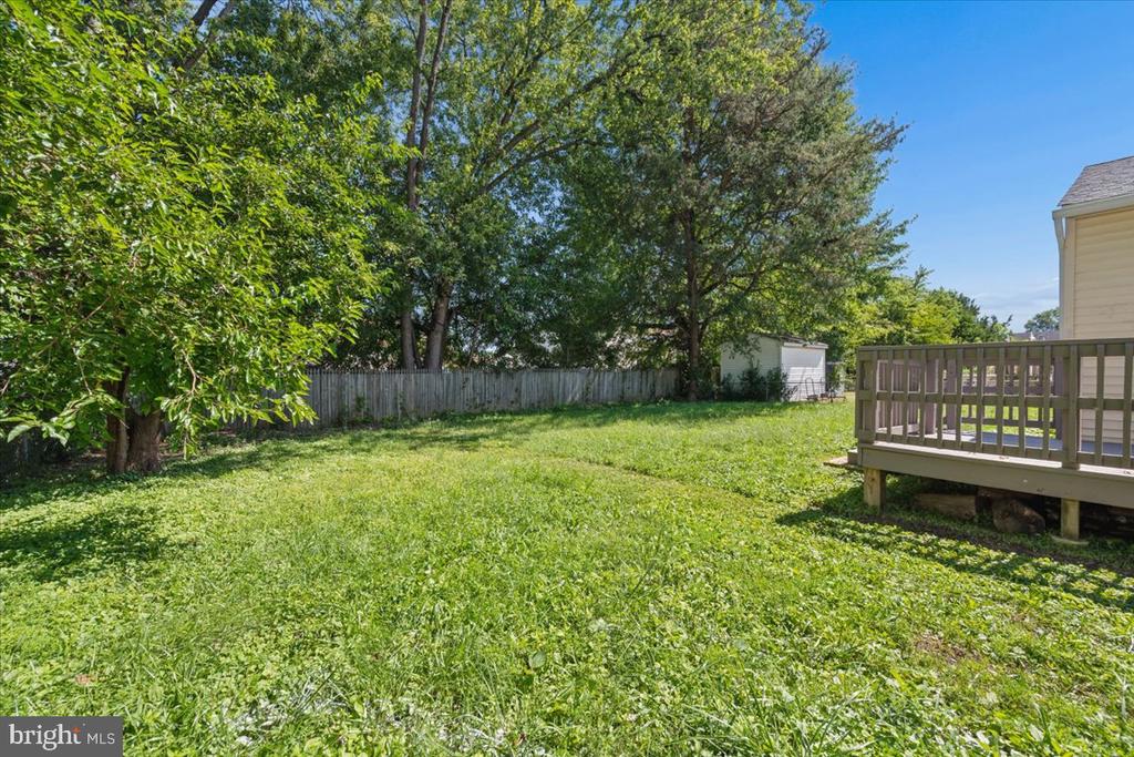 Grassy backyard with mature trees, a wooden privacy fence, and a raised deck beside the house.